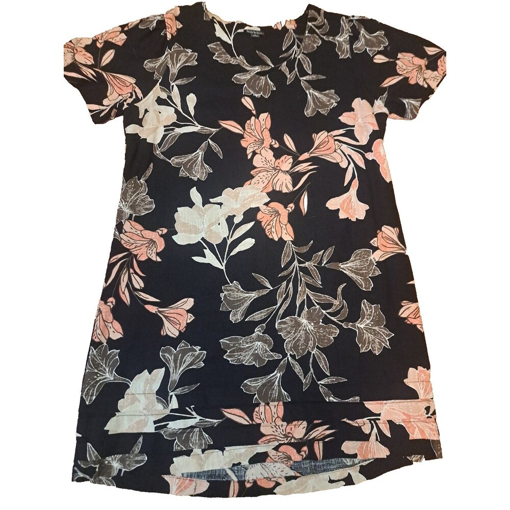 Linen Blend Dress Tropical Dark Floral Black Pink Nicole Miller Original Mini L